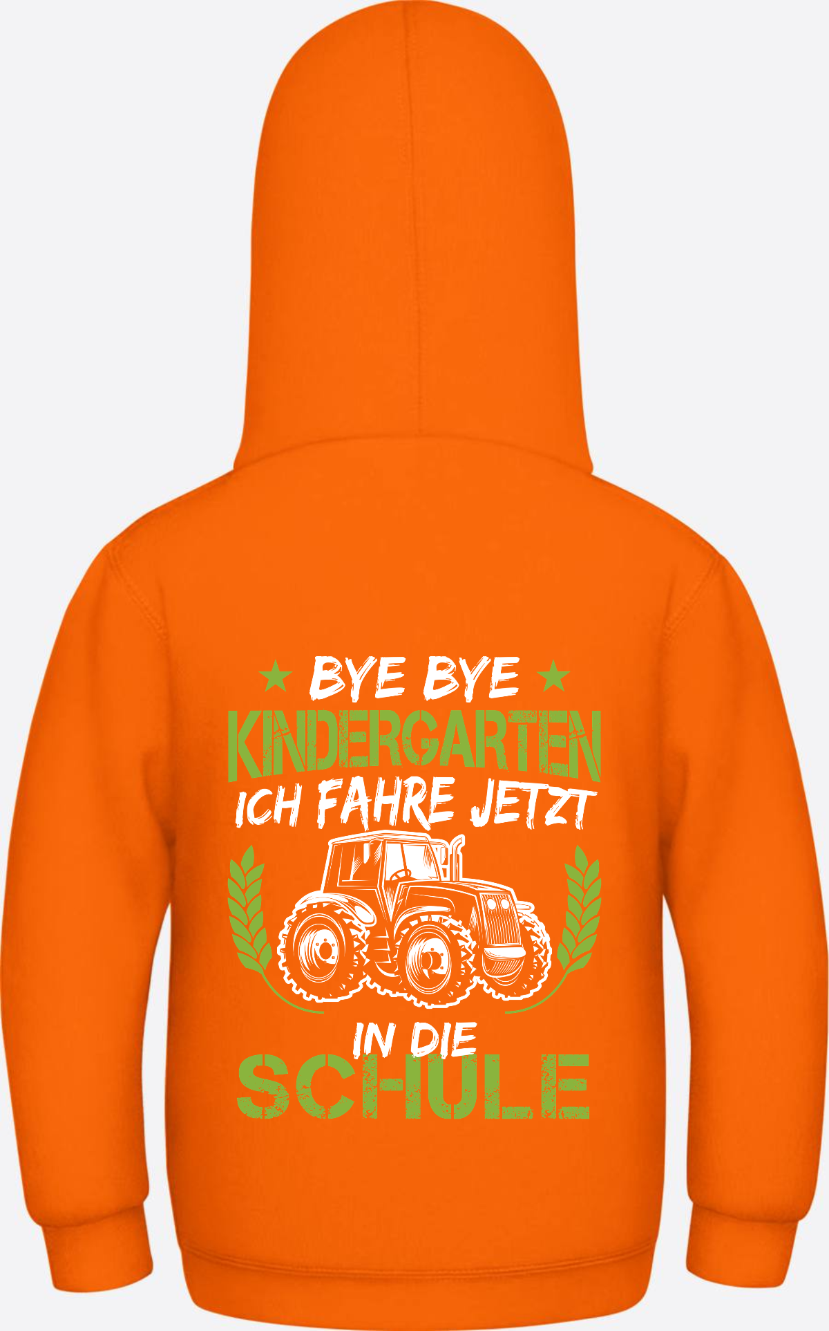 Kinder Hoodie Einschulung Traktor – Bye Bye Kindergarten - Orange Crush