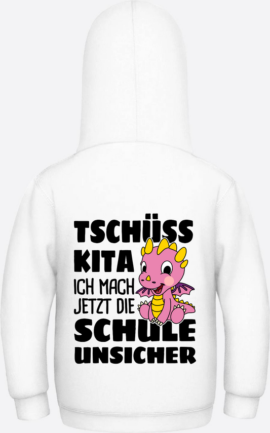 Kinder Hoodie Einschulung: Tschüss Kita & rosa Drache - Arctic White