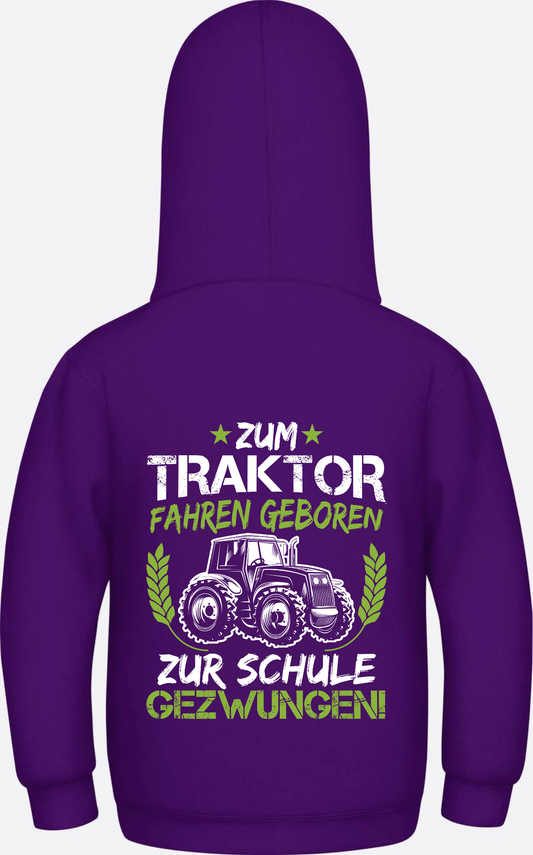 Kinder Hoodie Einschulung: Zum Traktor fahren geboren Grün-Weiß - Purple
