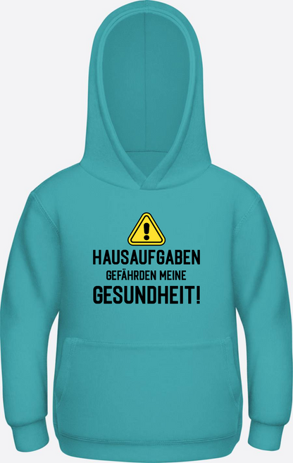 Kinder Hoodie Hausaufgaben Warnschild – Geschenk zur Einschulung - Hawaiian Blue Herzseite
