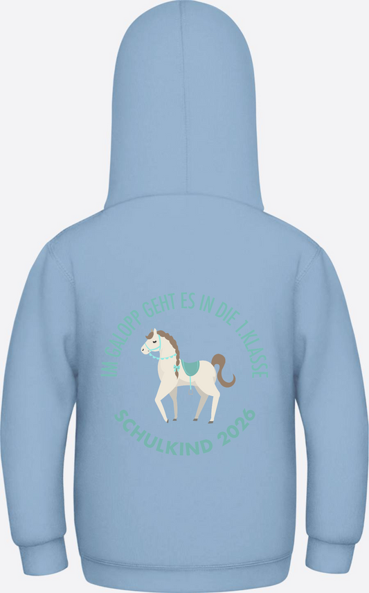 Kinder Hoodie Im Galopp Schulkind 2026 – Mit Namen - Sky Blue