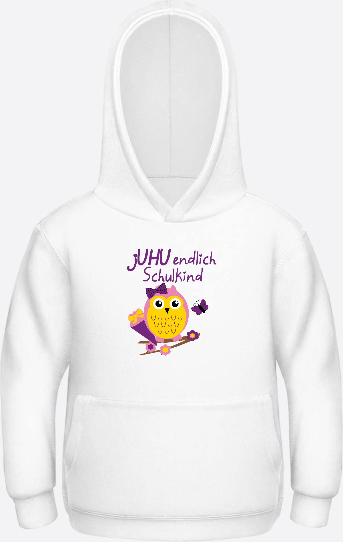 Kinder Hoodie: Juhu endlich Schulkind Eule personalisiert - Arctic White Herzseite