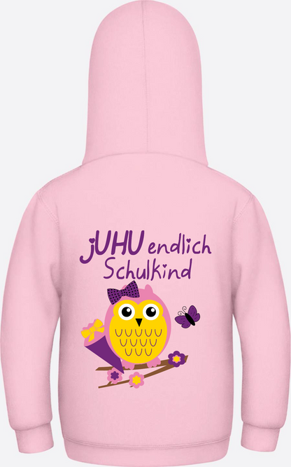 Kinder Hoodie: Juhu endlich Schulkind Eule personalisiert - Baby Pink