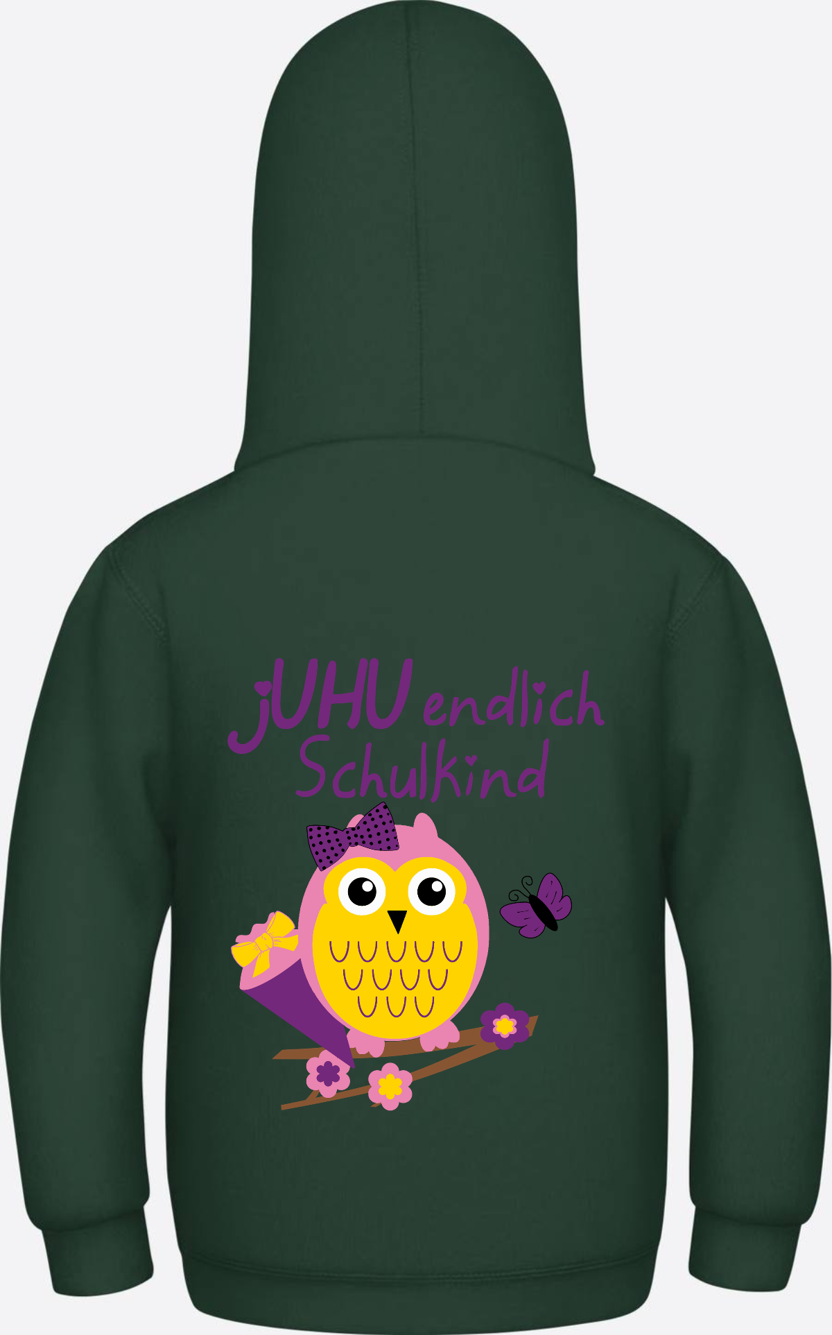 Kinder Hoodie: Juhu endlich Schulkind Eule personalisiert - Bottle Green