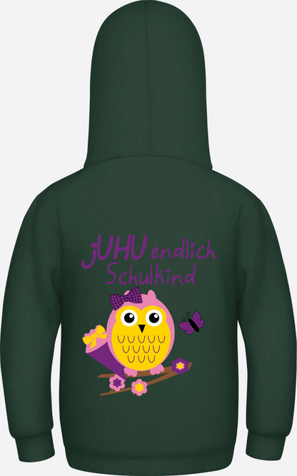 Kinder Hoodie: Juhu endlich Schulkind Eule personalisiert - Bottle Green