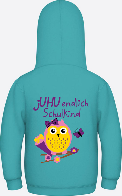 Kinder Hoodie: Juhu endlich Schulkind Eule personalisiert - Hawaiian Blue