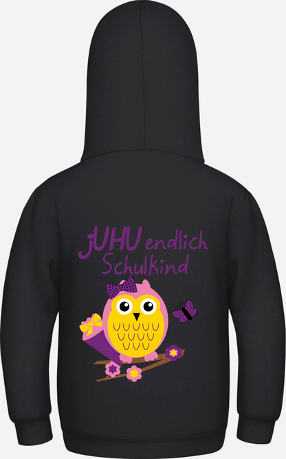 Kinder Hoodie: Juhu endlich Schulkind Eule personalisiert - Jet Black
