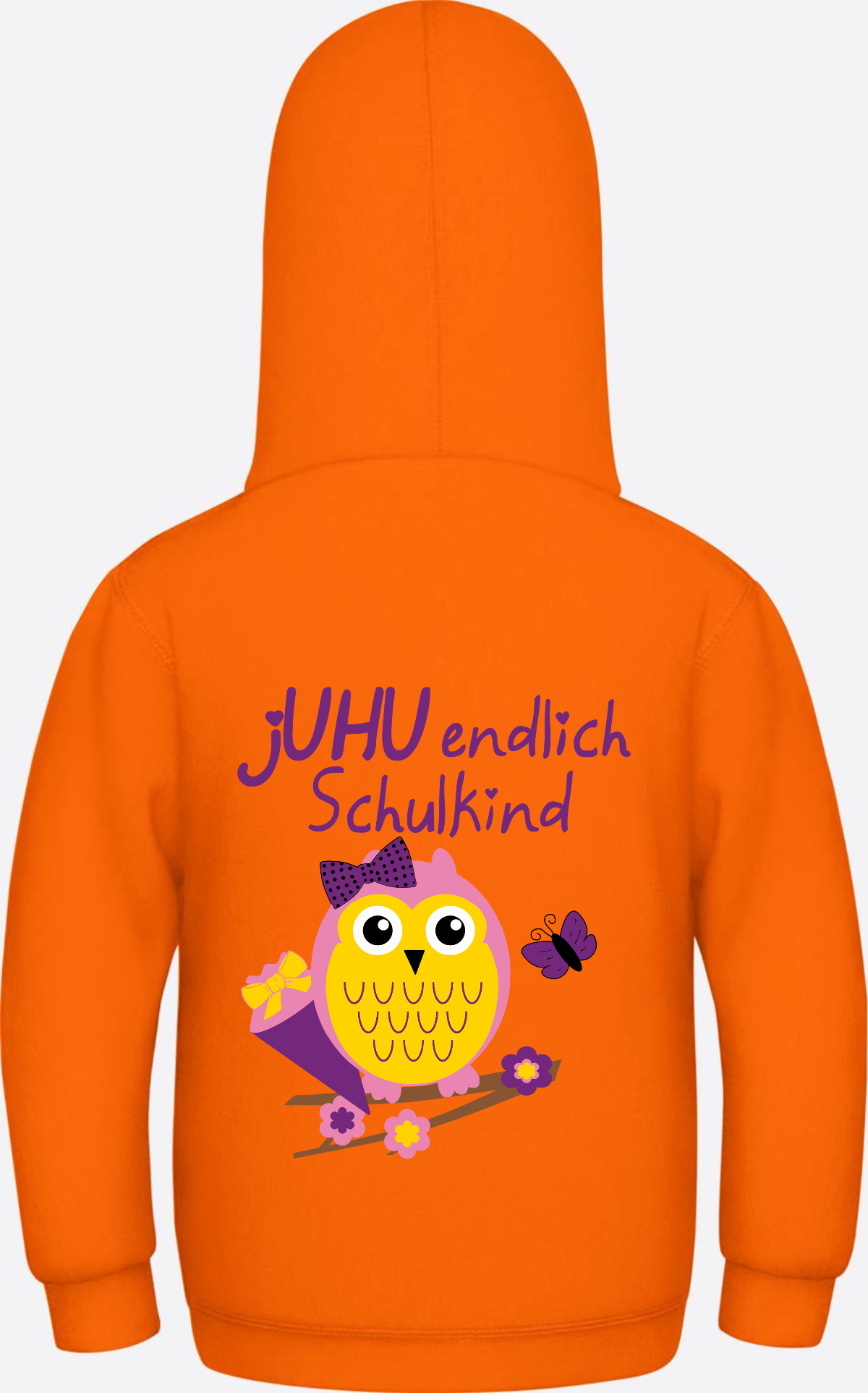 Kinder Hoodie: Juhu endlich Schulkind Eule personalisiert - Orange Crush