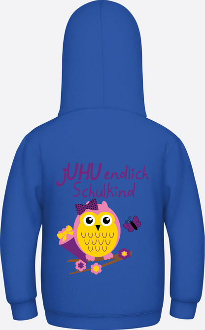 Kinder Hoodie: Juhu endlich Schulkind Eule personalisiert - Royal Blue