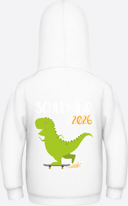 Kinder Hoodie Schulkind 2025 – Dino mit Skateboard - Arctic White
