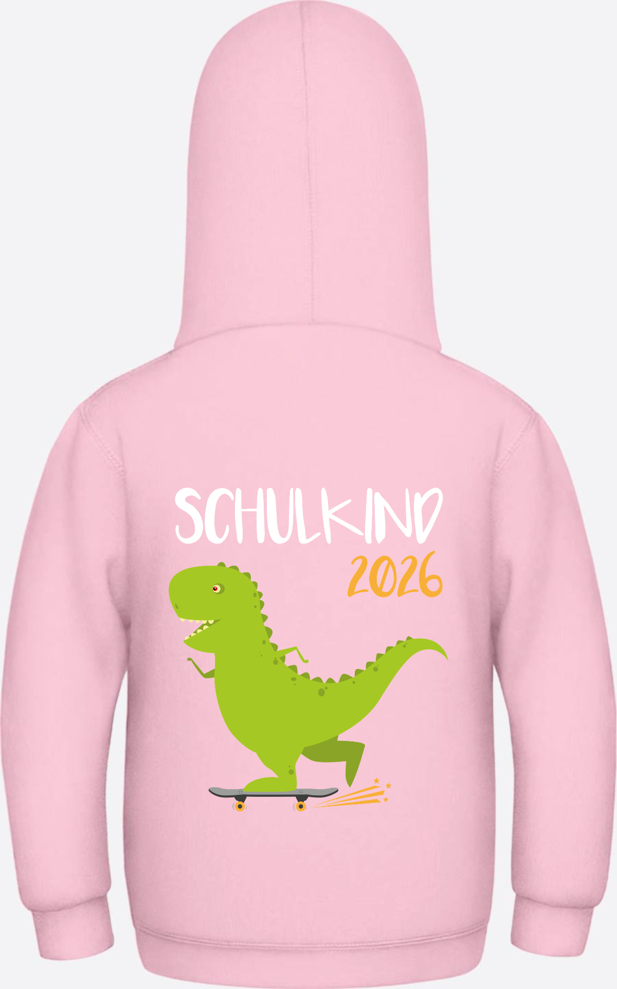 Kinder Hoodie Schulkind 2025 – Dino mit Skateboard - Baby Pink