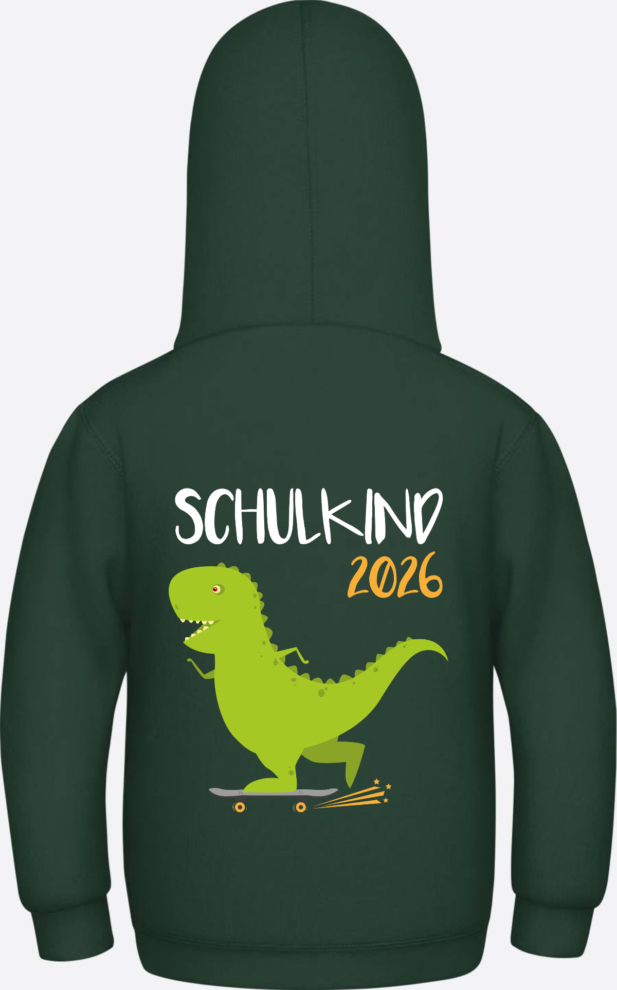 Kinder Hoodie Schulkind 2025 – Dino mit Skateboard - Bottle Green