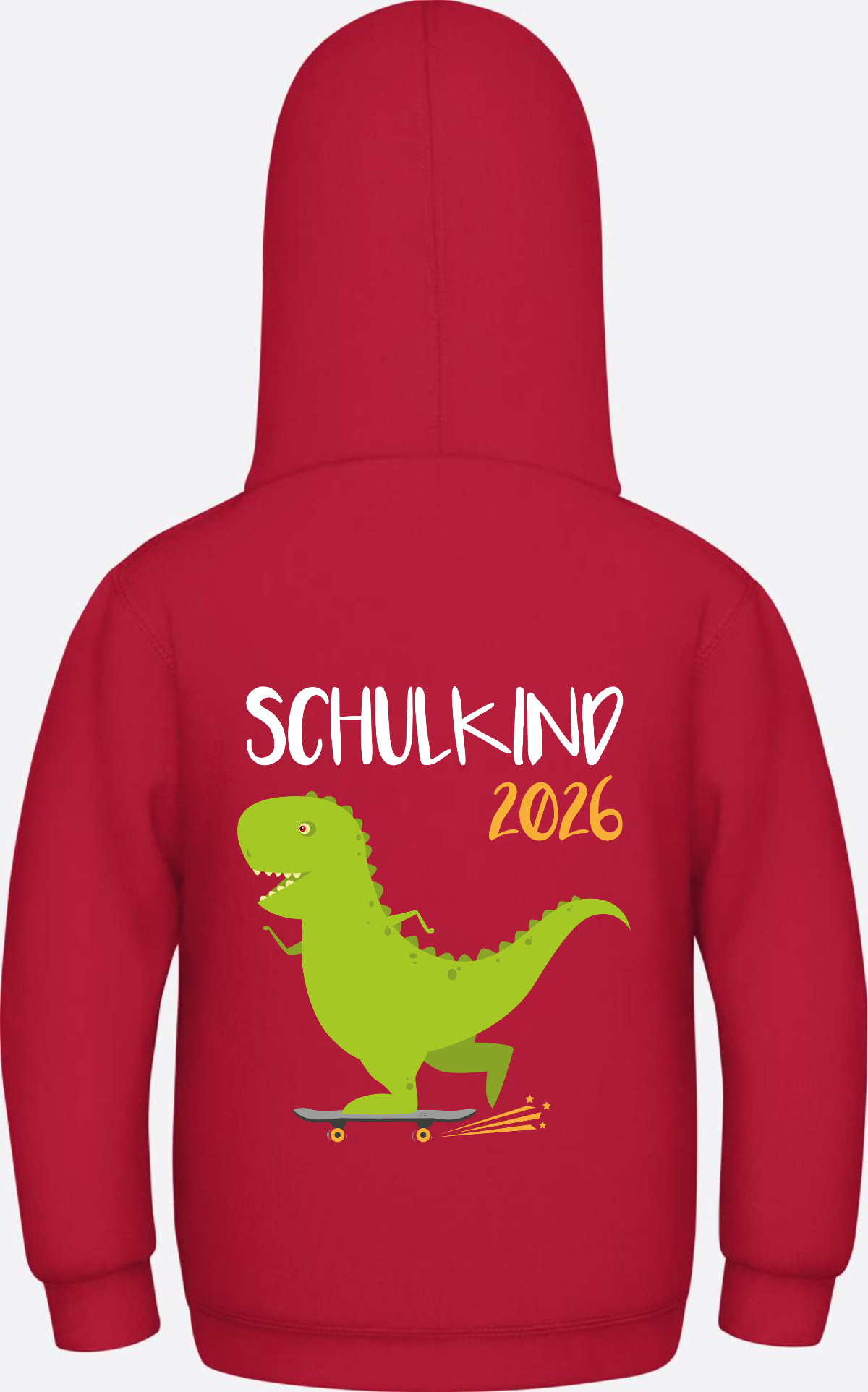 Kinder Hoodie Schulkind 2025 – Dino mit Skateboard - Fire Red