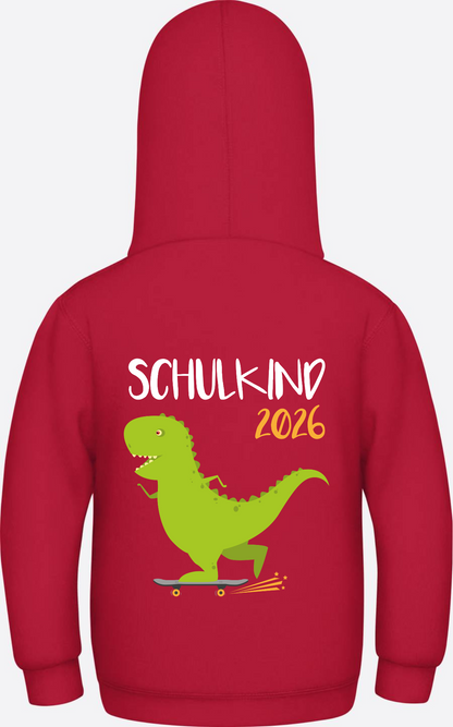 Kinder Hoodie Schulkind 2025 – Dino mit Skateboard - Fire Red