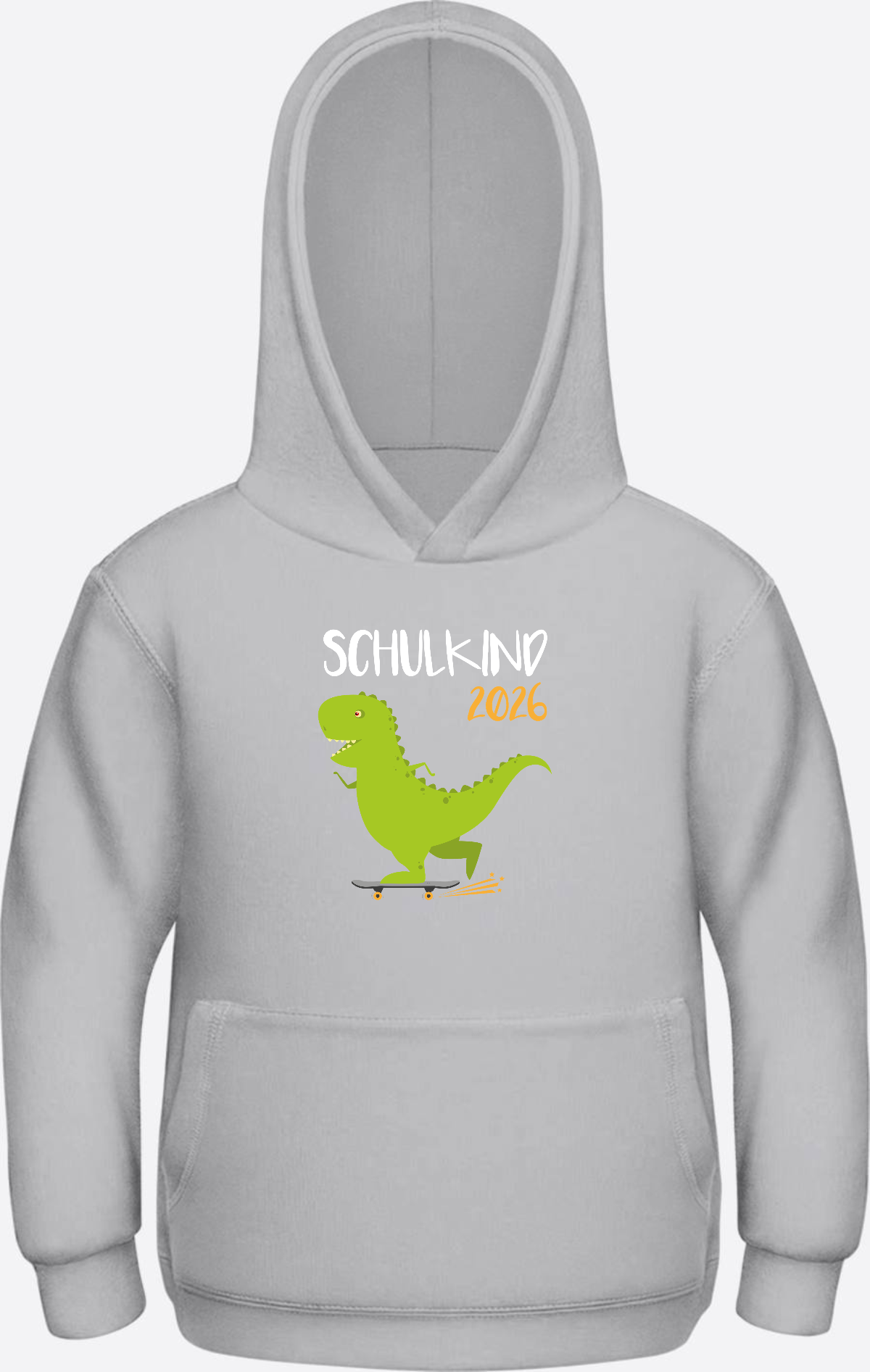 Kinder Hoodie Schulkind 2025 – Dino mit Skateboard - Heather Grey Herzseite