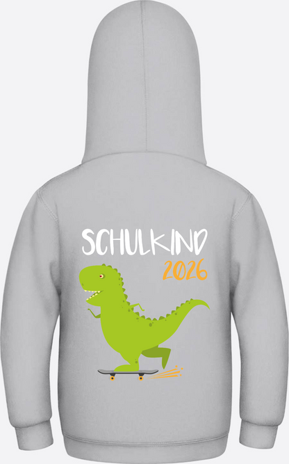 Kinder Hoodie Schulkind 2025 – Dino mit Skateboard - Heather Grey