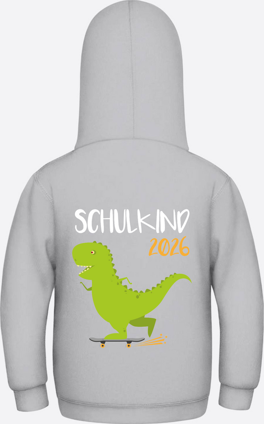 Kinder Hoodie Schulkind 2025 – Dino mit Skateboard - Heather Grey