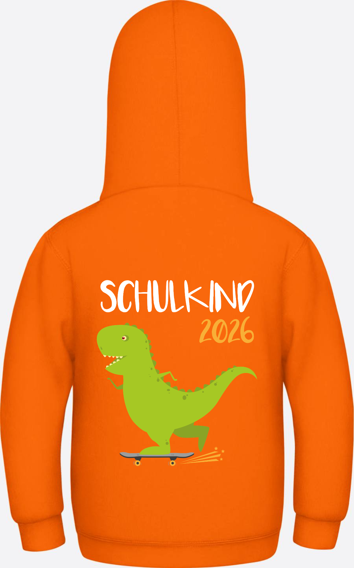 Kinder Hoodie Schulkind 2025 – Dino mit Skateboard - Orange Crush