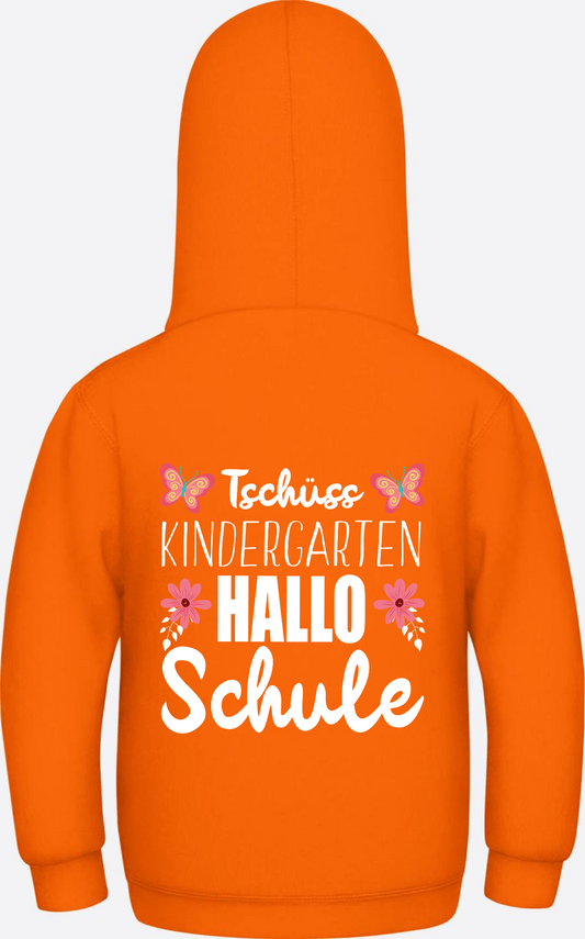 Kinder-Hoodie „Tschüss Kindergarten Hallo Schule“ mit Name - Orange Crush