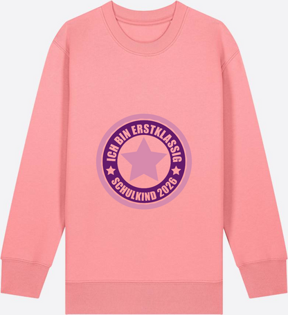 Kinder Sweatshirt Einschulung 2026 – Ich bin erstklassig Rosa - Pink Joy Herzseite