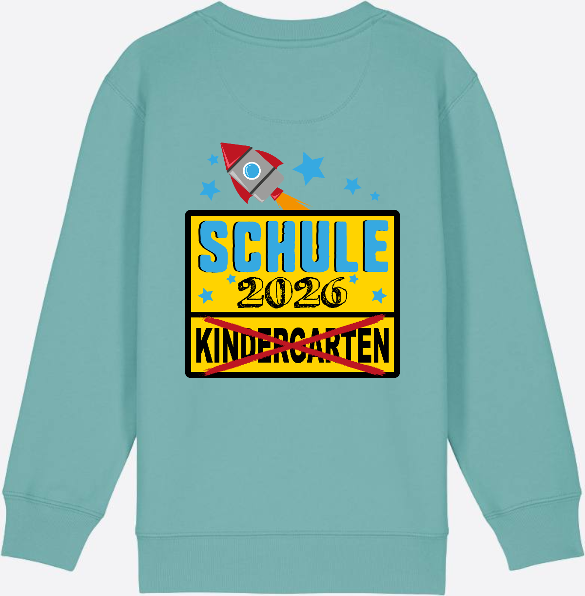 Kinder Sweatshirt Einschulung 2026 - Ortsschild Rakete mit Name - Teal Monstera
