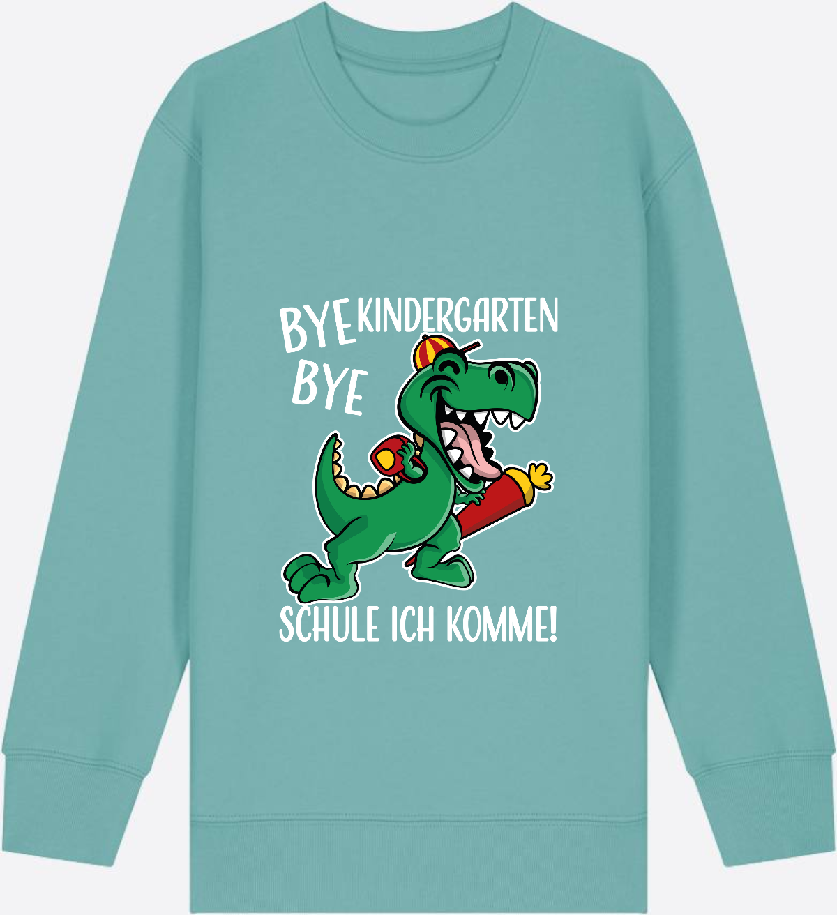 Kinder Sweatshirt Einschulung - Bye Bye Kindergarten Dino - Teal Monstera Herzseite