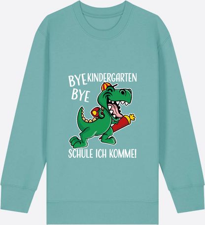 Kinder Sweatshirt Einschulung - Bye Bye Kindergarten Dino - Teal Monstera Herzseite