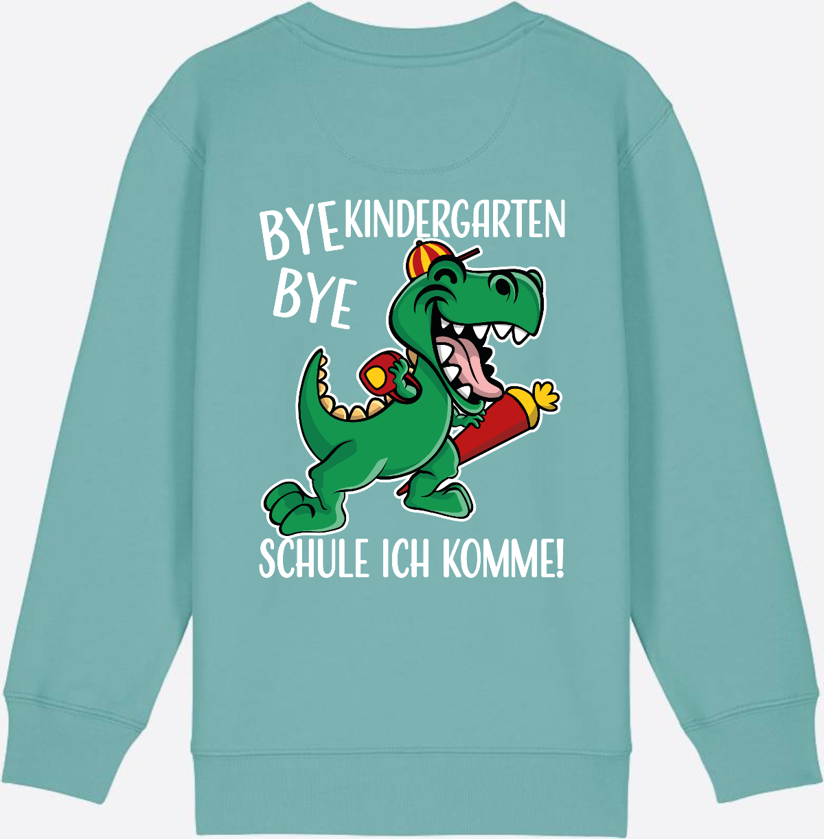 Kinder Sweatshirt Einschulung - Bye Bye Kindergarten Dino - Teal Monstera