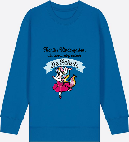 Kinder Sweatshirt Einschulung – Einhorn Ballett mit Name - Royal Blue Herzseite