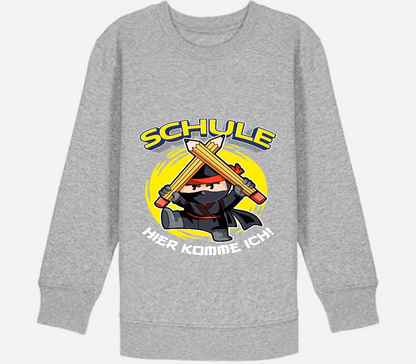 Kinder Sweatshirt Einschulung – Ninja: Schule hier komme ich - Heather Grey Herzseite