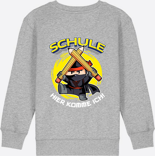 Kinder Sweatshirt Einschulung – Ninja: Schule hier komme ich - Heather Grey