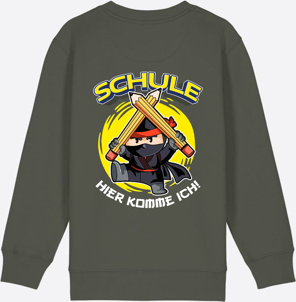Kinder Sweatshirt Einschulung – Ninja: Schule hier komme ich - Khaki