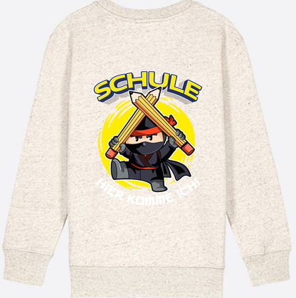 Kinder Sweatshirt Einschulung – Ninja: Schule hier komme ich - Natural Raw