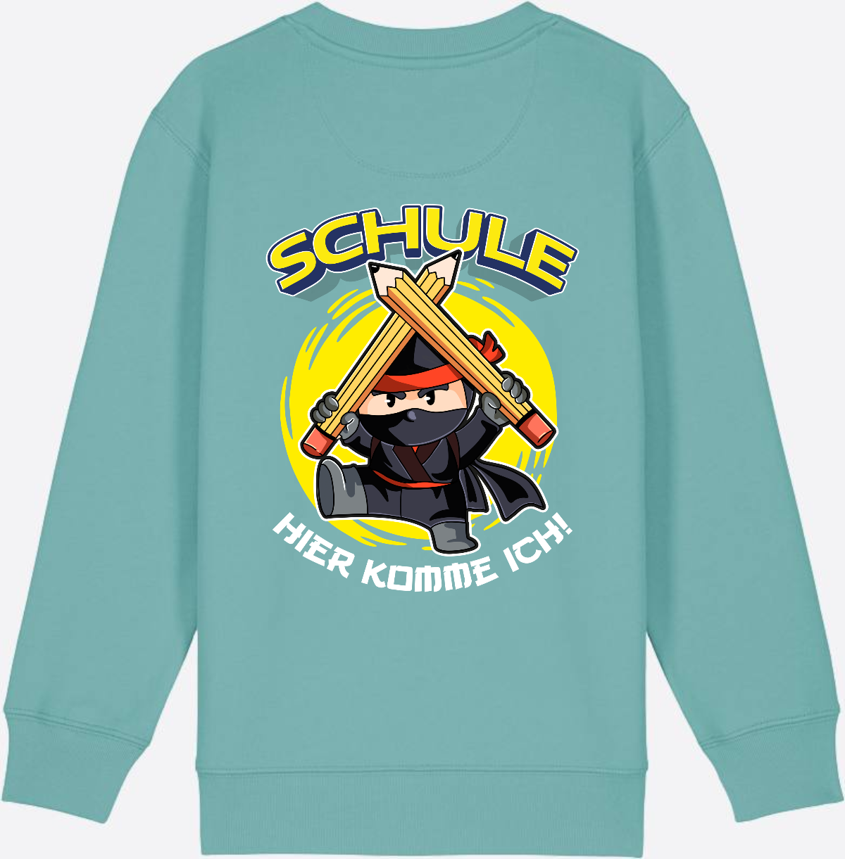 Kinder Sweatshirt Einschulung – Ninja: Schule hier komme ich - Teal Monstera