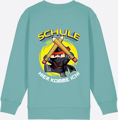 Kinder Sweatshirt Einschulung – Ninja: Schule hier komme ich - Teal Monstera