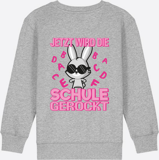 Kinder Sweatshirt Einschulung: Schule gerockt Hase mit Name - Heather Grey