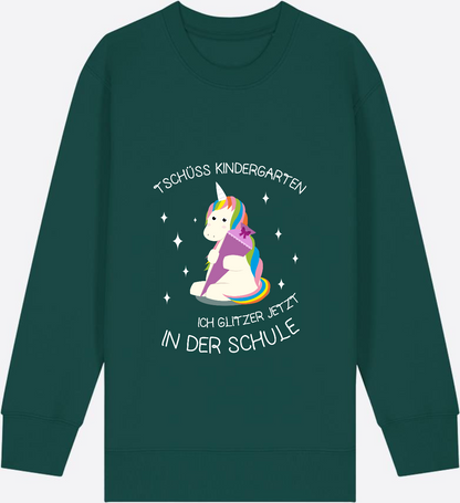 Kinder Sweatshirt Einschulung – Tschüss Kindergarten Einhorn - Glazed Green Herzseite