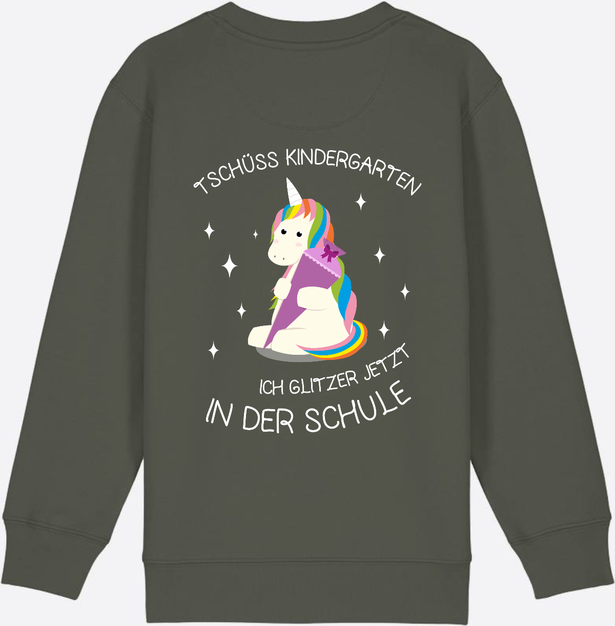 Kinder Sweatshirt Einschulung – Tschüss Kindergarten Einhorn - Khaki
