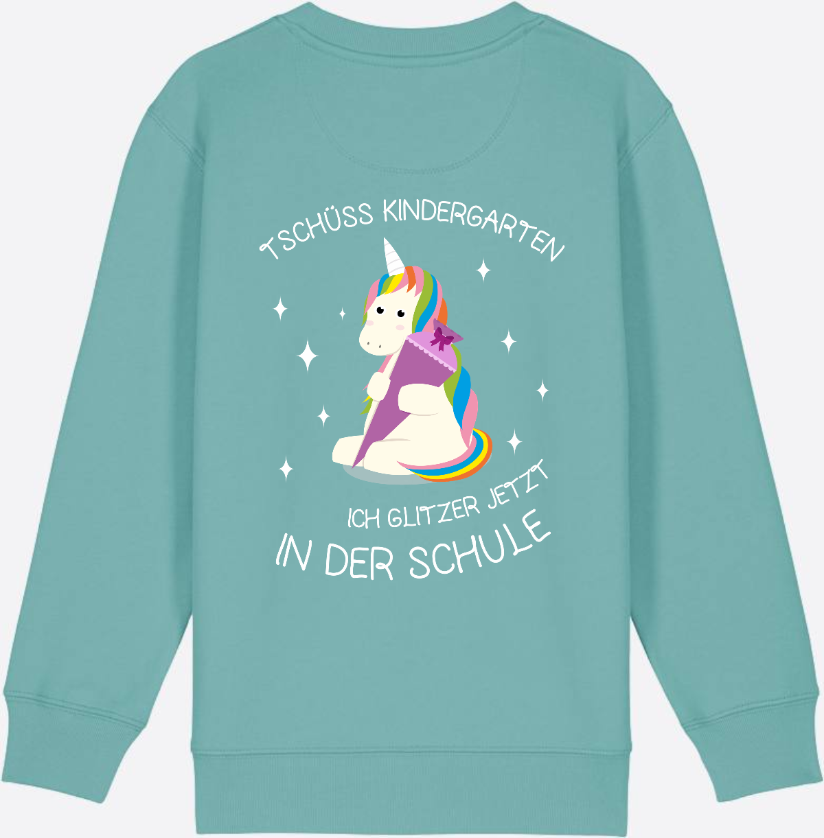 Kinder Sweatshirt Einschulung – Tschüss Kindergarten Einhorn - Teal Monstera