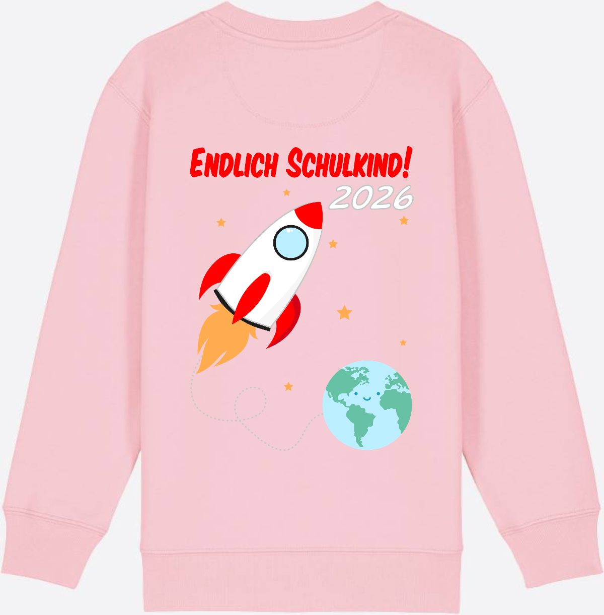 Kinder Sweatshirt Endlich Schulkind 2026 - Rakete mit Name - Cotton Pink