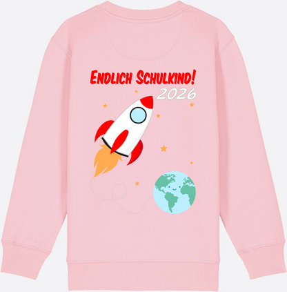 Kinder Sweatshirt Endlich Schulkind 2026 - Rakete mit Name - Cotton Pink