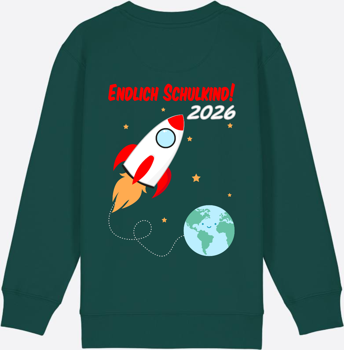 Kinder Sweatshirt Endlich Schulkind 2026 - Rakete mit Name - Glazed Green