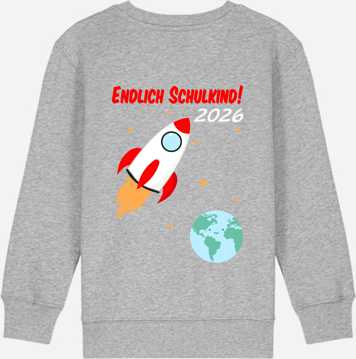 Kinder Sweatshirt Endlich Schulkind 2026 - Rakete mit Name - Heather Grey