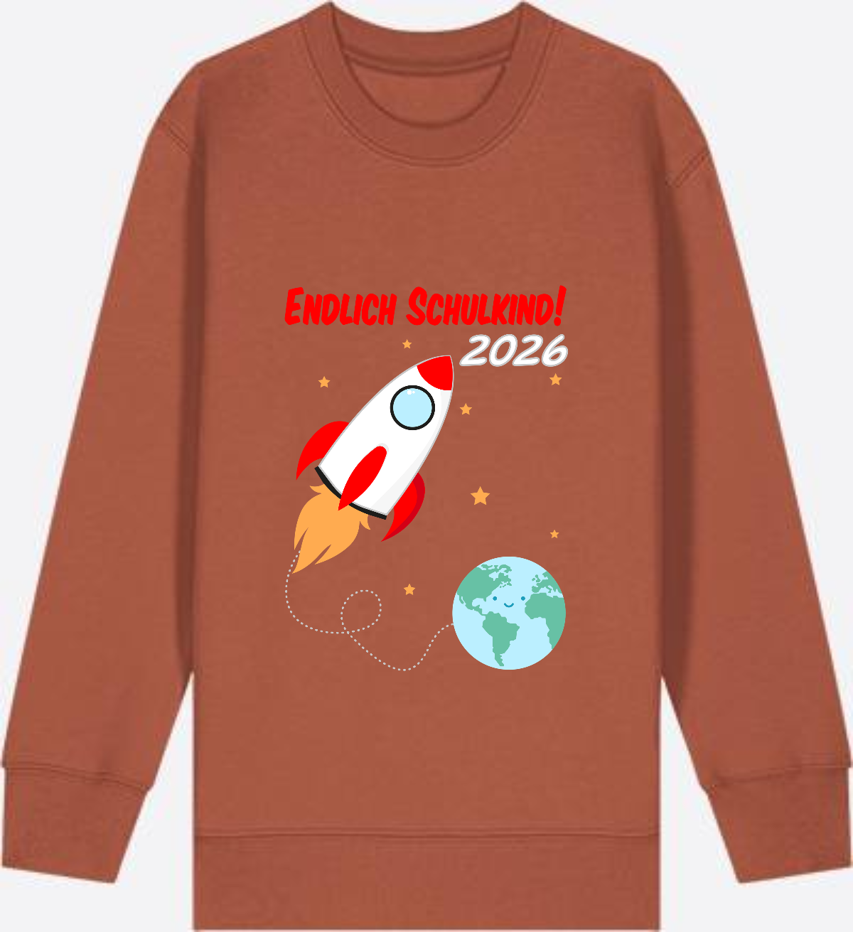 Kinder Sweatshirt Endlich Schulkind 2026 - Rakete mit Name - Heritage Brown Herzseite