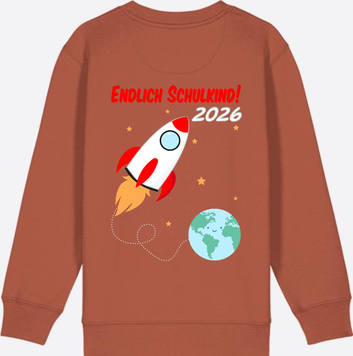 Kinder Sweatshirt Endlich Schulkind 2026 - Rakete mit Name - Heritage Brown