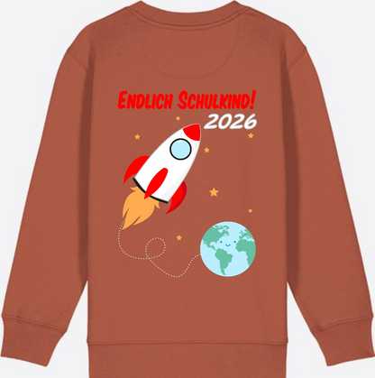 Kinder Sweatshirt Endlich Schulkind 2026 - Rakete mit Name - Heritage Brown