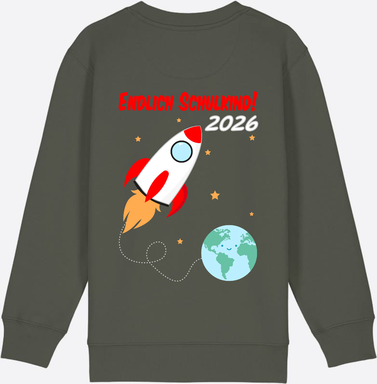 Kinder Sweatshirt Endlich Schulkind 2026 - Rakete mit Name - Khaki