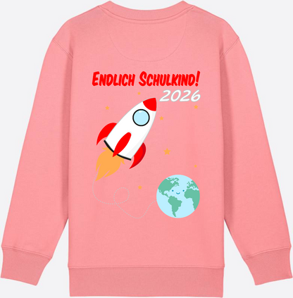 Kinder Sweatshirt Endlich Schulkind 2026 - Rakete mit Name - Pink Joy
