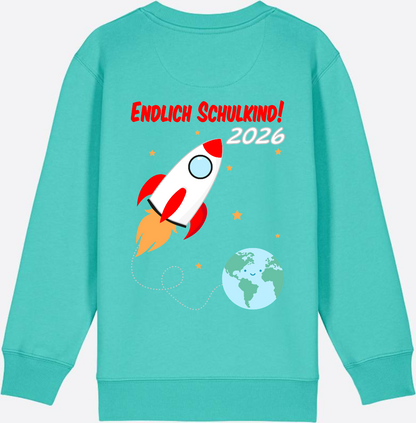 Kinder Sweatshirt Endlich Schulkind 2026 - Rakete mit Name - Pool Blue