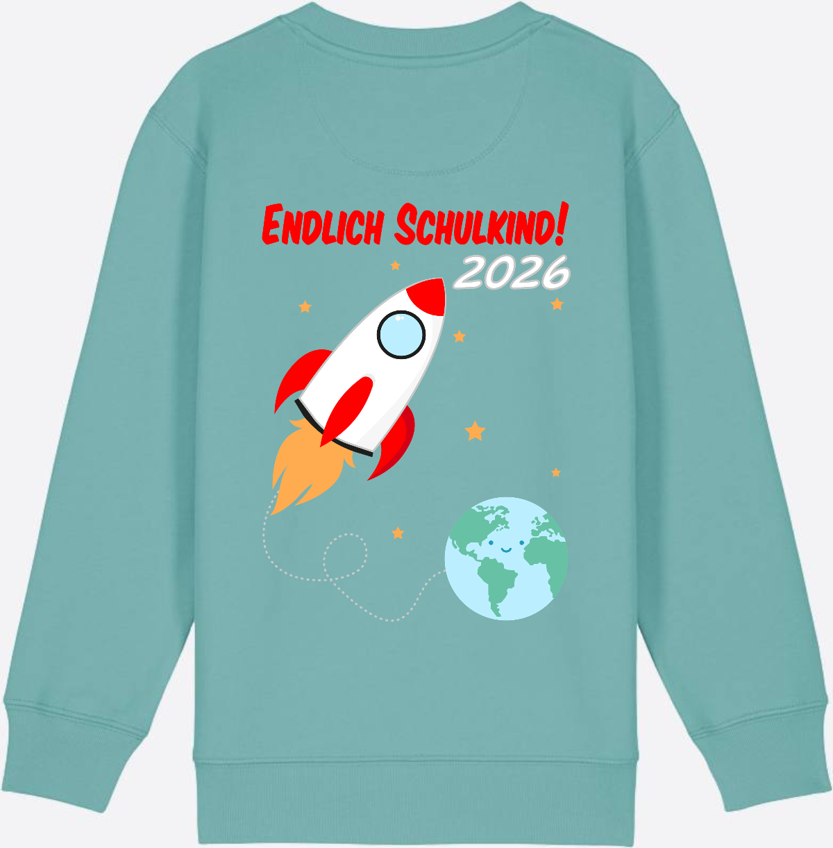 Kinder Sweatshirt Endlich Schulkind 2026 - Rakete mit Name - Teal Monstera